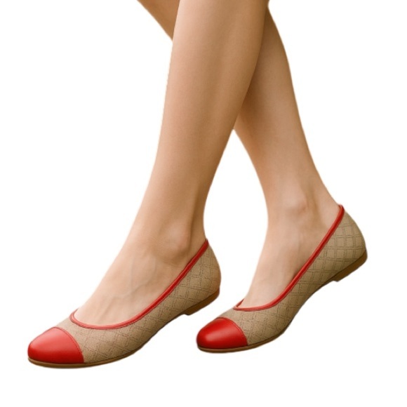 FOSSIL 2 Tone Leather Ballet Flats Coral Red Taupe  Grey Cap Toe Perforated 9 - Picture 1 of 11
